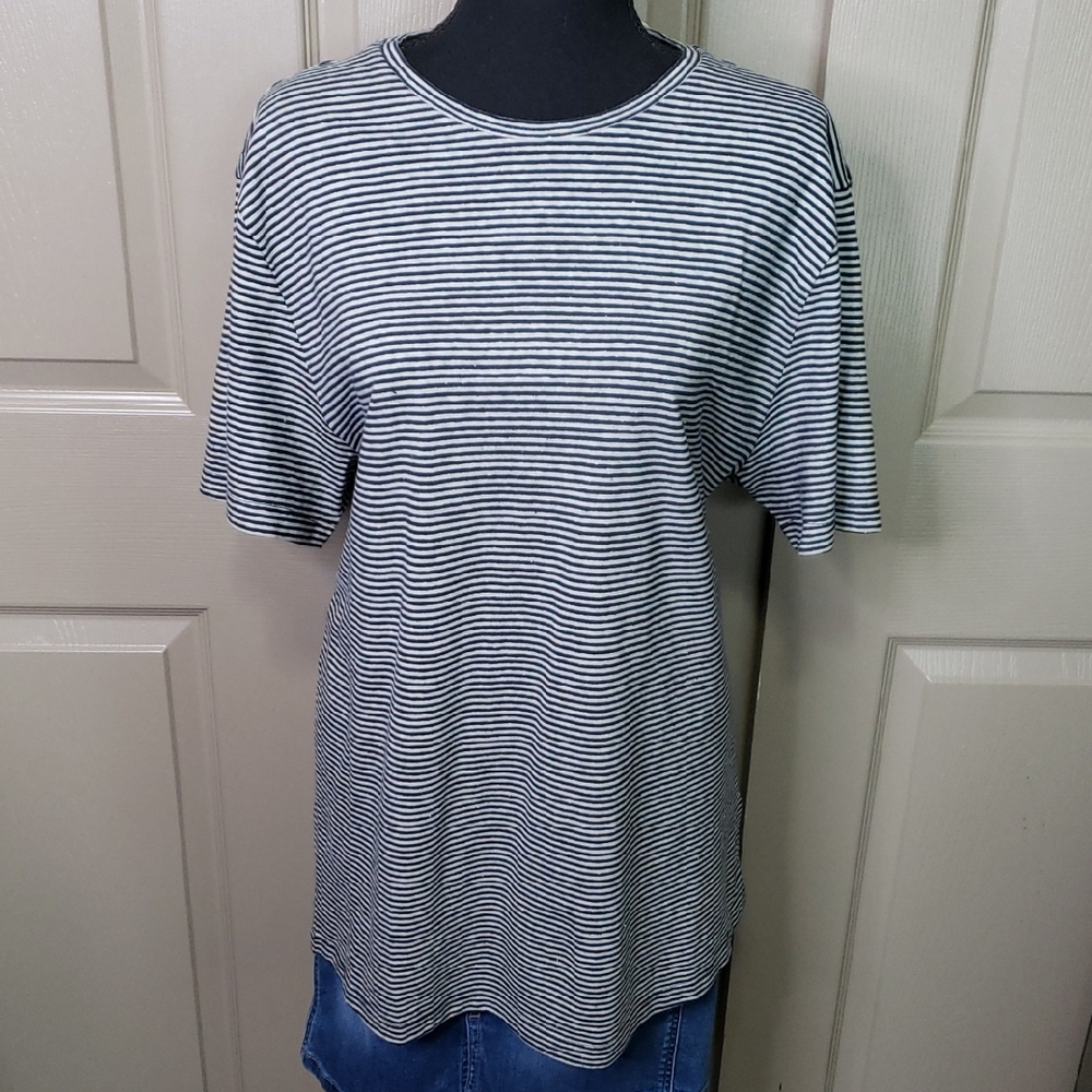 NWT Stitch🎶Note Navy White Striped Short Sleeve Hemp Cotton Top Size Large